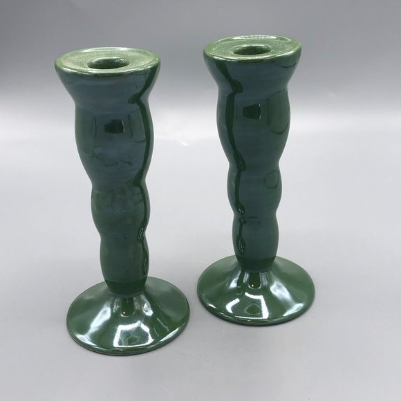 Potter Smith Stoneware set 2 Green Candlesticks - Picture 1 of 7
